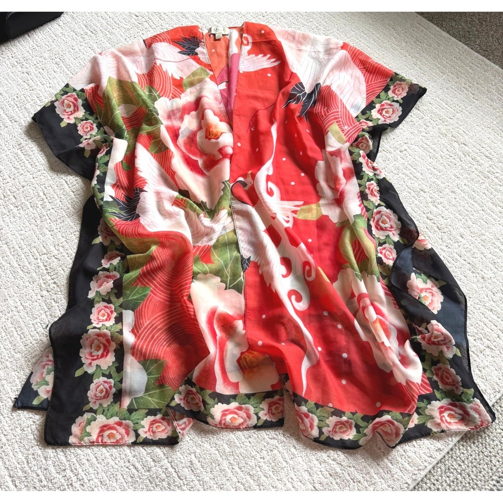 JC Sunny Silk Blend Crane‎ Peony Kimono Topper Red Orange Black OS Floral Birds